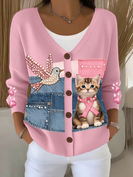 Women's breast cancer awareness cat, hummingbird, cardigans