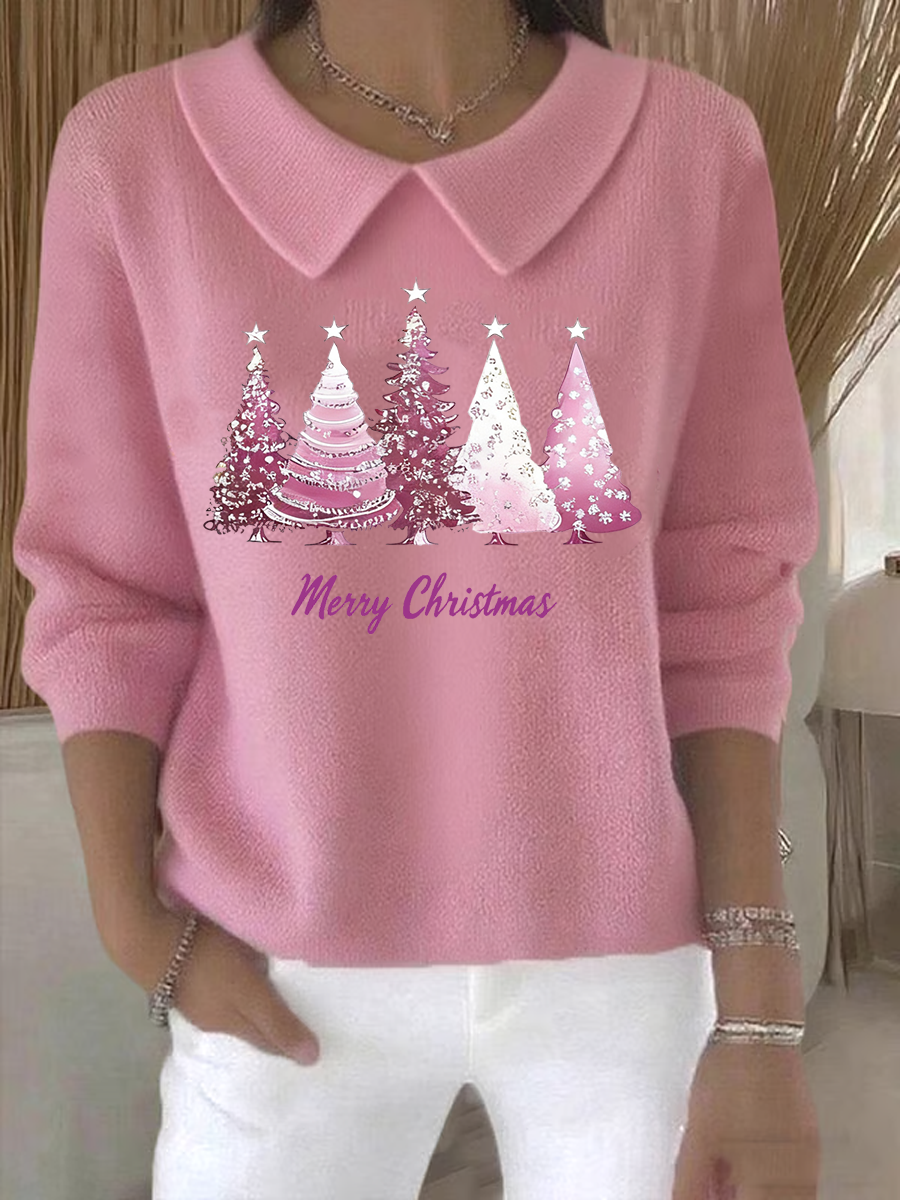 Women's Retro Christmas Tree Print Casual Lapel Knit Top