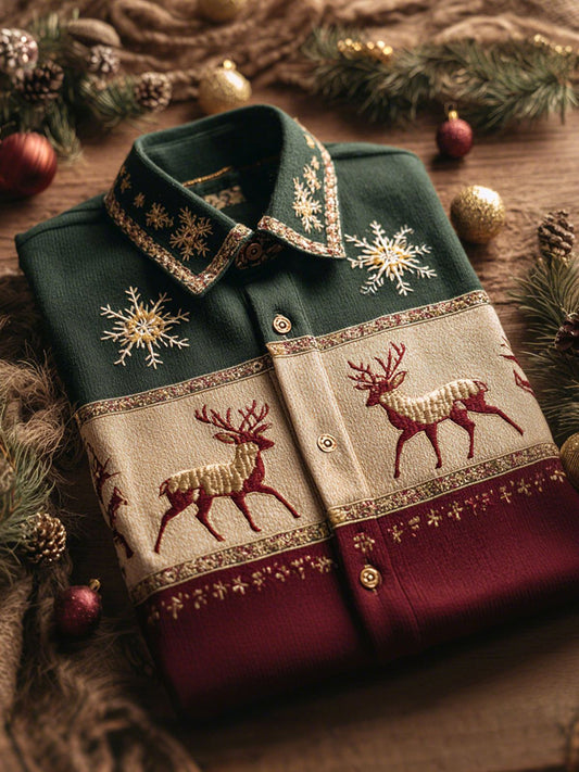 Men's Retro Christmas Elk Printed Shirt