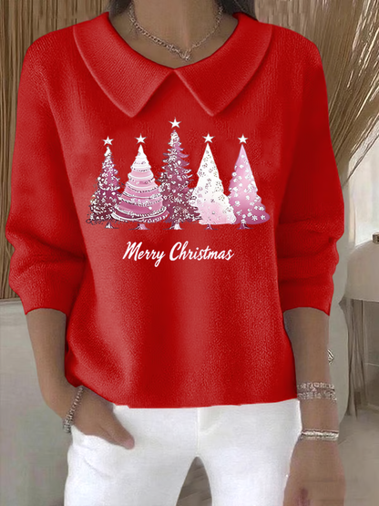 Women's Retro Christmas Tree Print Casual Lapel Knit Top