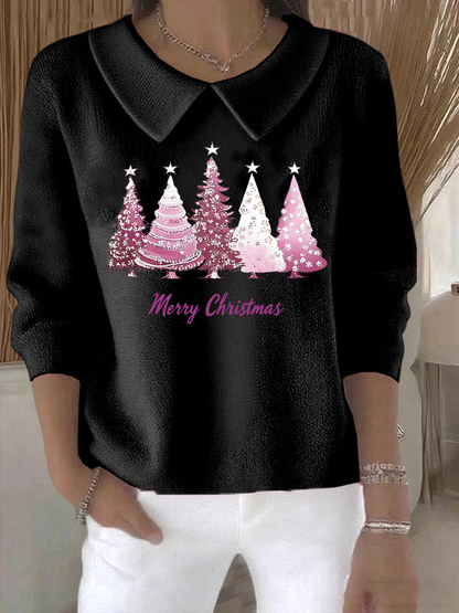 Women's Retro Christmas Tree Print Casual Lapel Knit Top