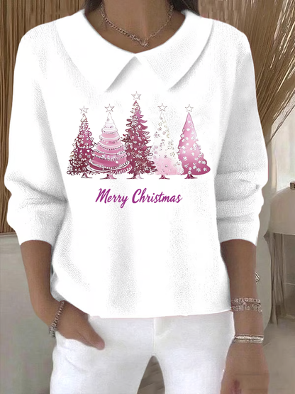 Women's Retro Christmas Tree Print Casual Lapel Knit Top