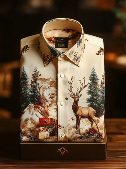 Men's Retro Christmas Elk Printed Shirt