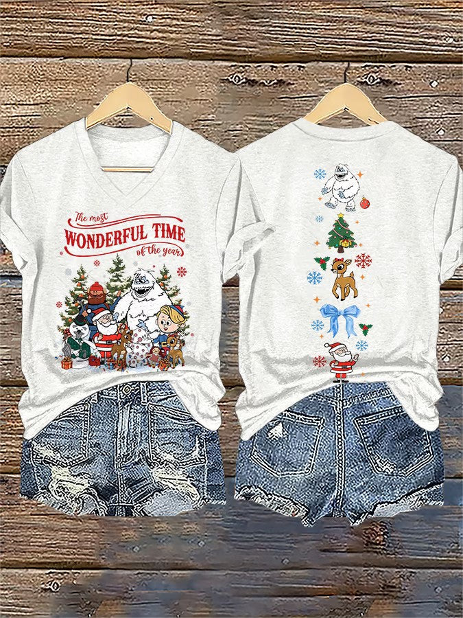 Women's V-Neck Retro Christmas The Most Wonderful Time Of The Year Print T-Shirt