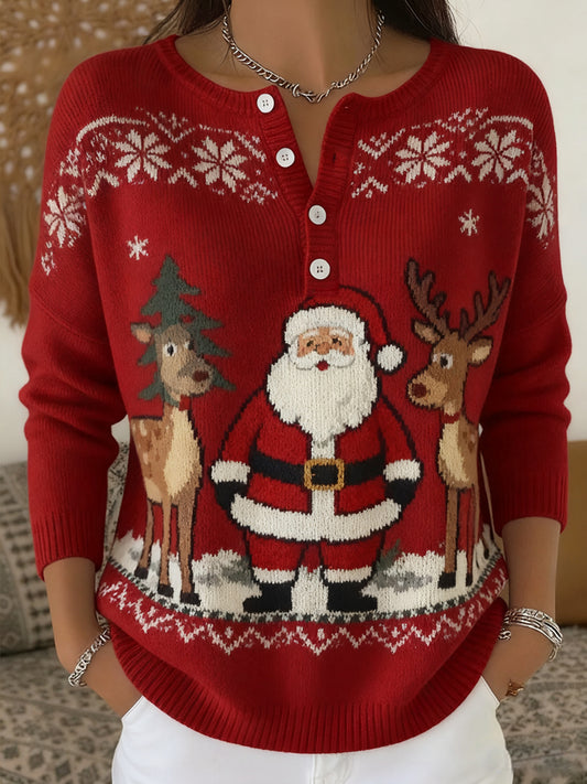 Women's Christmas Santa Claus And Reindeer Print Casual Buttons Long Sleeve Top