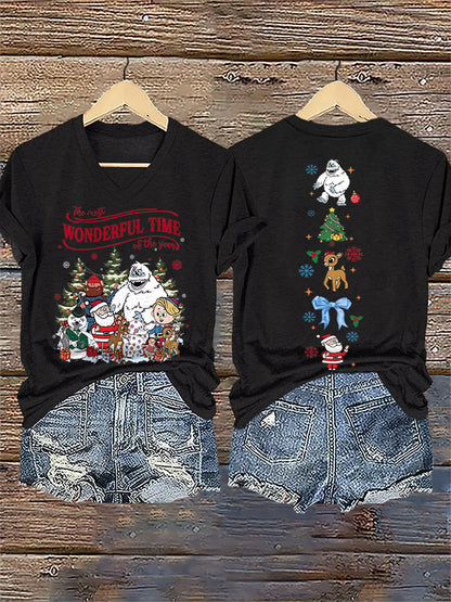 Women's V-Neck Retro Christmas The Most Wonderful Time Of The Year Print T-Shirt