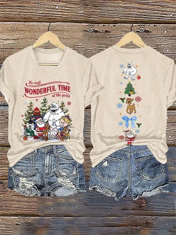 Women's V-Neck Retro Christmas The Most Wonderful Time Of The Year Print T-Shirt