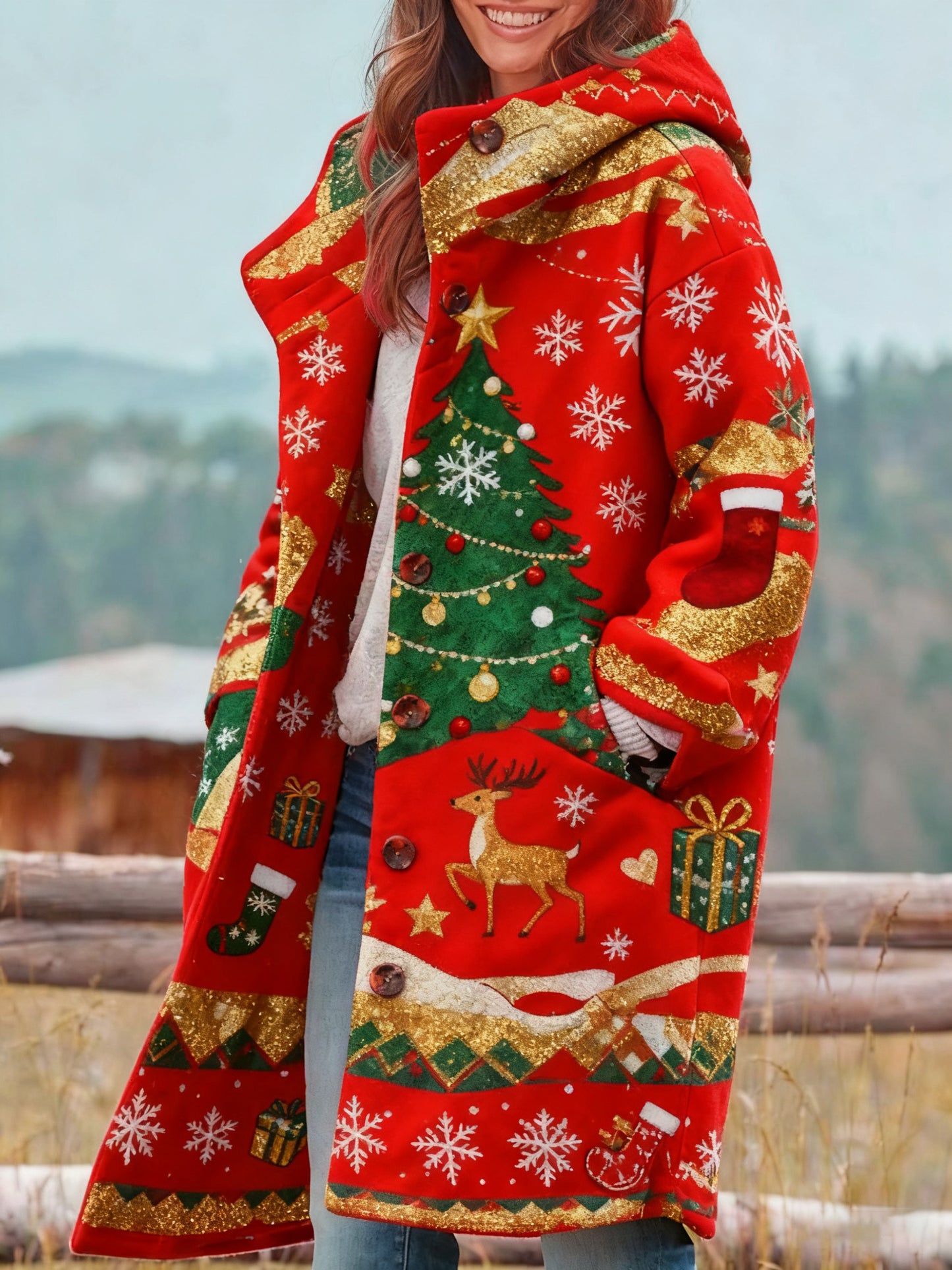 Women's Retro Christmas Print Coat