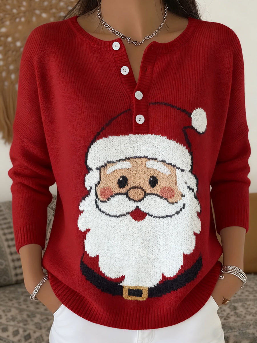 Women's Christmas Santa Claus Print Casual Buttons Long Sleeve Top
