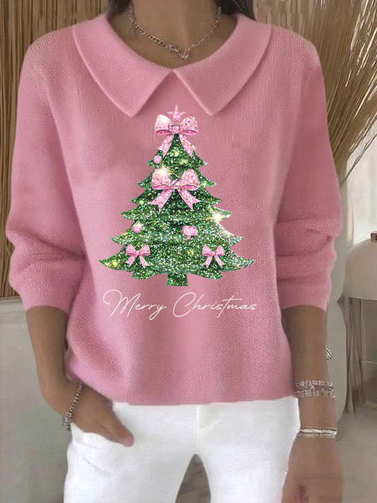 Women's Retro Christmas Tree Print Casual Lapel Knit Top