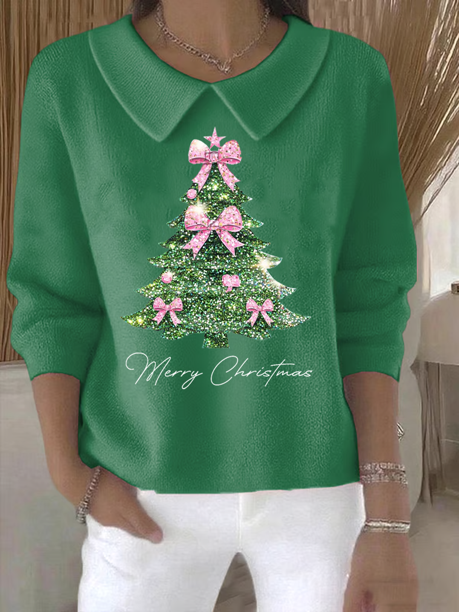 Women's Retro Christmas Tree Print Casual Lapel Knit Top