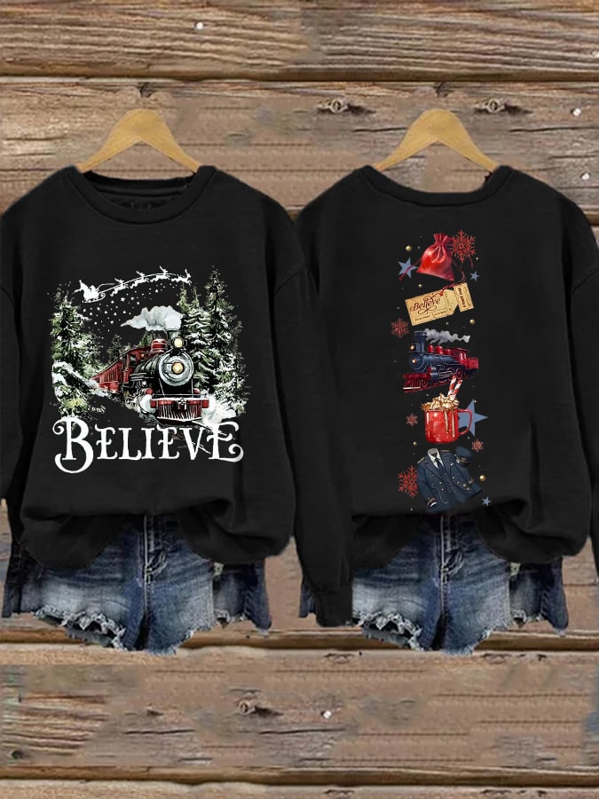 Women's Retro Christmas Believe Print Sweatshirt