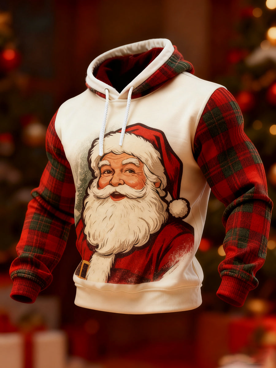 Men's Vintage Santa Claus Christmas Red Plaid Print Casual Hoodie