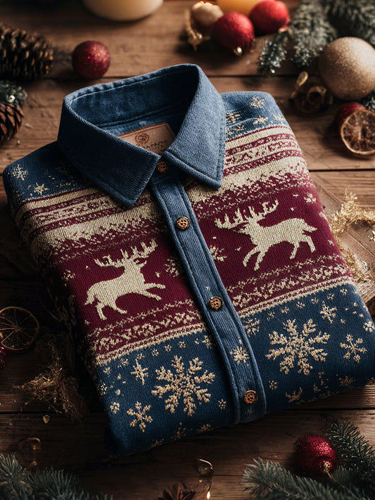 Men's Retro Christmas Elk Printed Shirt