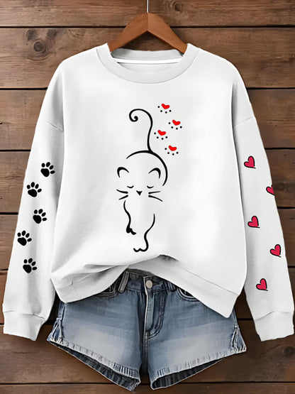 Women's Cute Cat Paw Hearts Print Cat Lovers Casual Sweatshirt