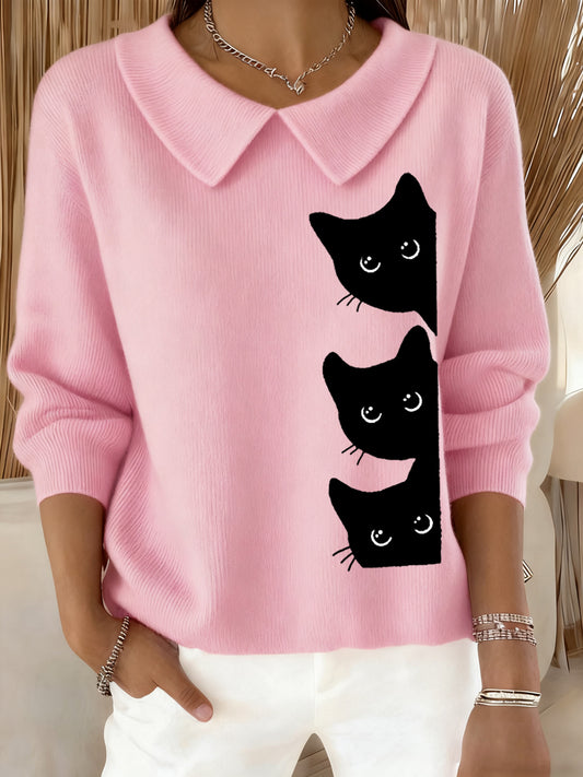 Women's Funny Cat Print Cat Lovers Casual Baby Doll Collar Top