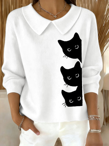Women's Funny Cat Print Cat Lovers Casual Baby Doll Collar Top