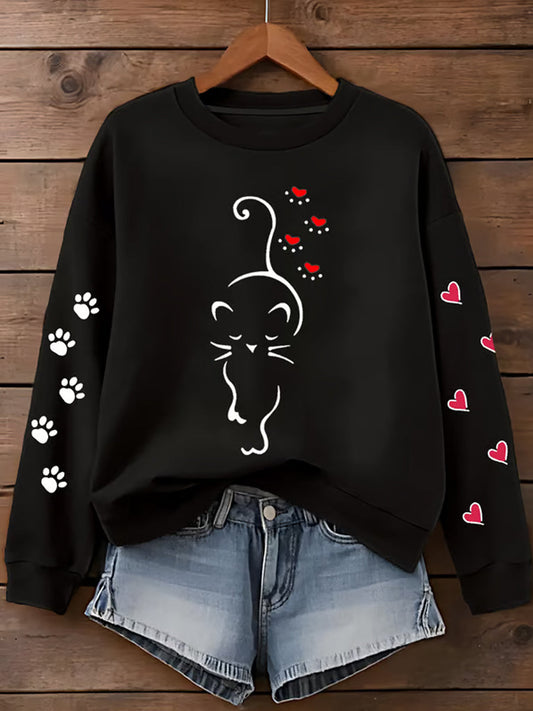 Women's Cute Cat Paw Hearts Print Cat Lovers Casual Sweatshirt