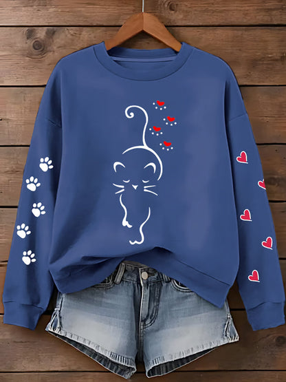 Women's Cute Cat Paw Hearts Print Cat Lovers Casual Sweatshirt