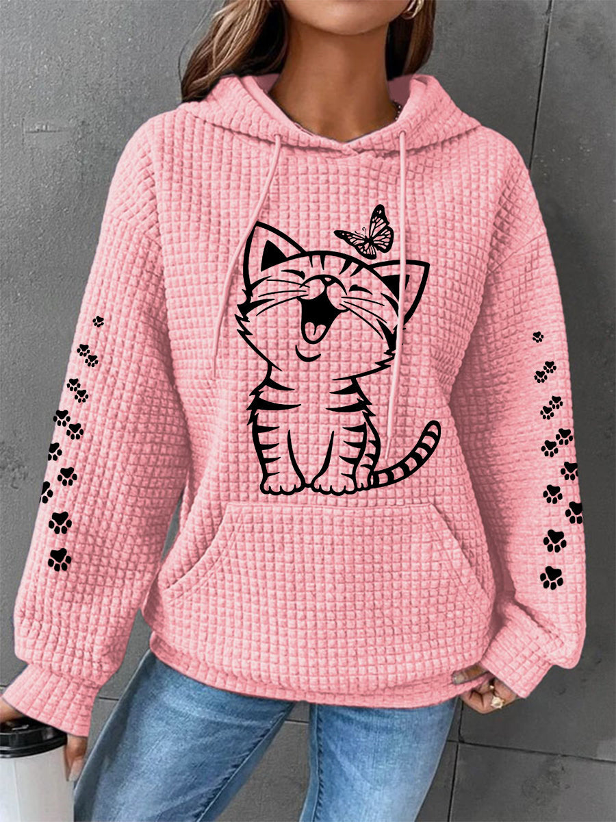 Women's Cute Cat Print Cat Lovers Cat Mom Casual Waffle Hoodie