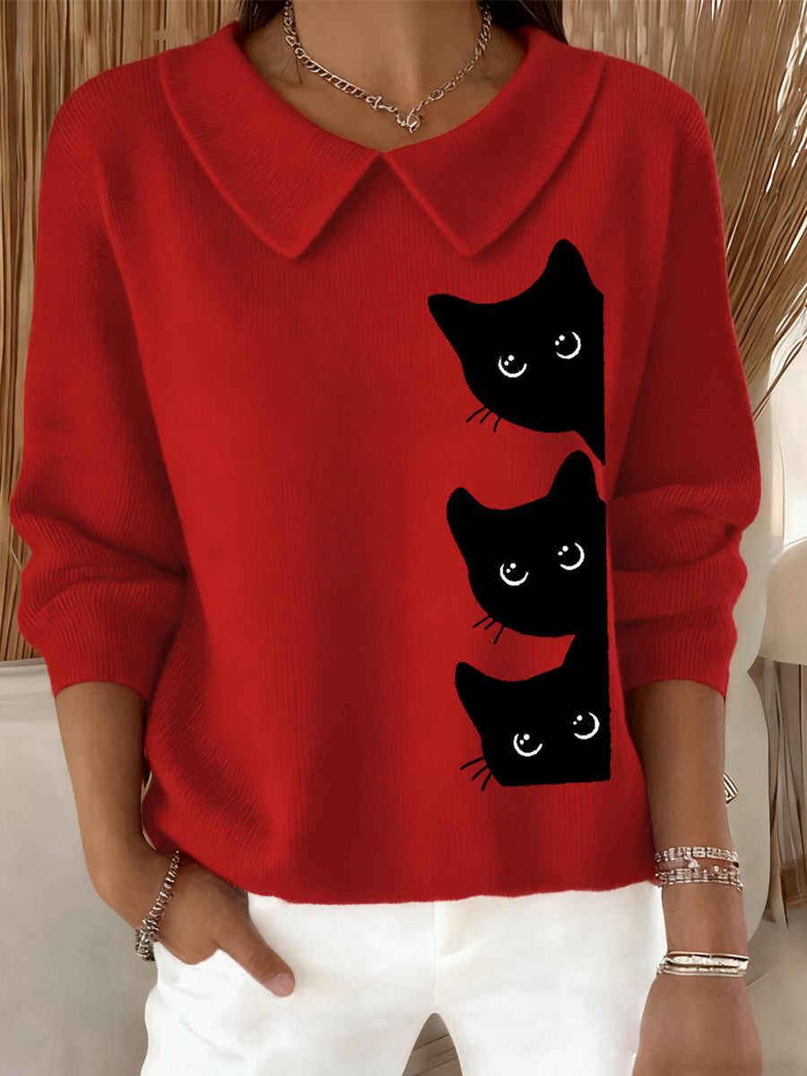 Women's Funny Cat Print Cat Lovers Casual Baby Doll Collar Top