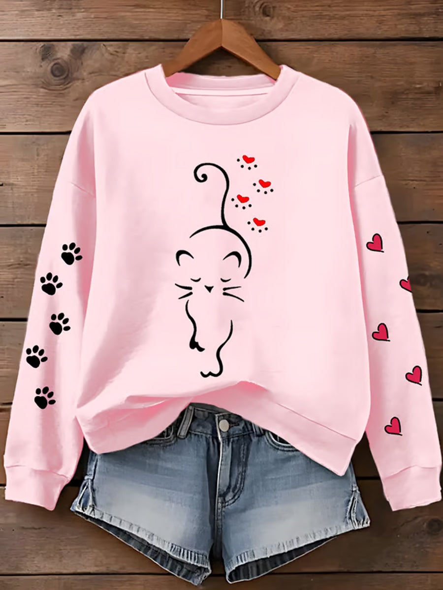 Women's Cute Cat Paw Hearts Print Cat Lovers Casual Sweatshirt