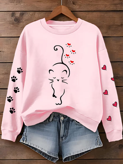 Women's Cute Cat Paw Hearts Print Cat Lovers Casual Sweatshirt