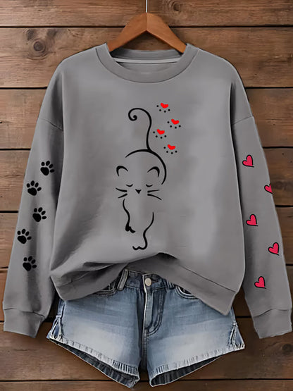Women's Cute Cat Paw Hearts Print Cat Lovers Casual Sweatshirt