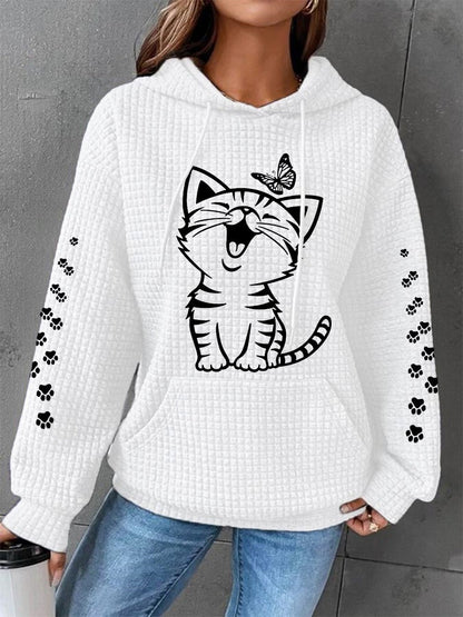 Women's Cute Cat Print Cat Lovers Cat Mom Casual Waffle Hoodie