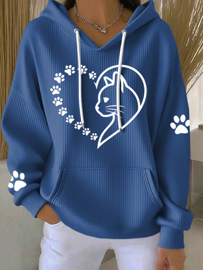 Women's Cute Cat Paws Heart Print Cat Lovers Casual Hoodie