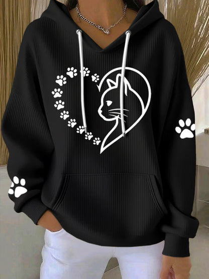 Women's Cute Cat Paws Heart Print Cat Lovers Casual Hoodie