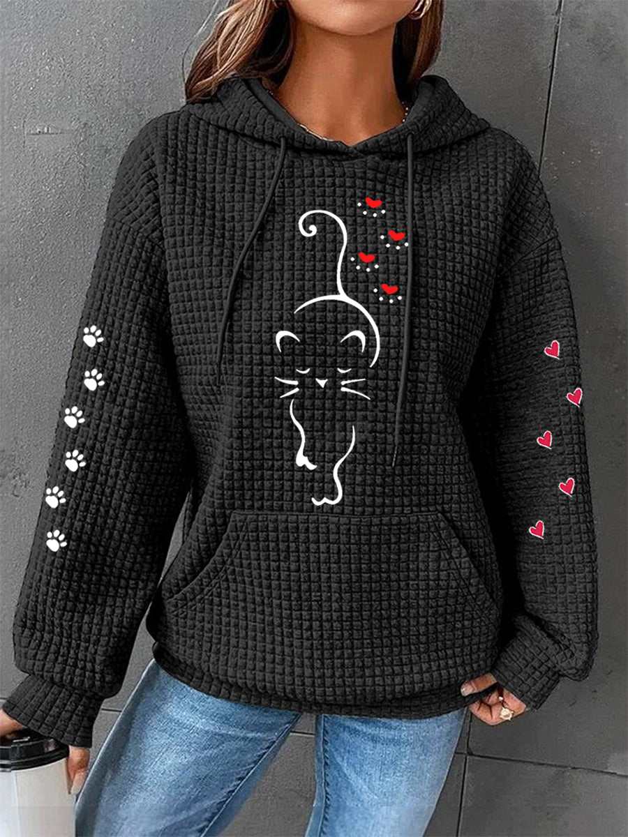 Women's Cute Cat Paw Hearts Print Cat Lovers Casual Waffle Hoodie