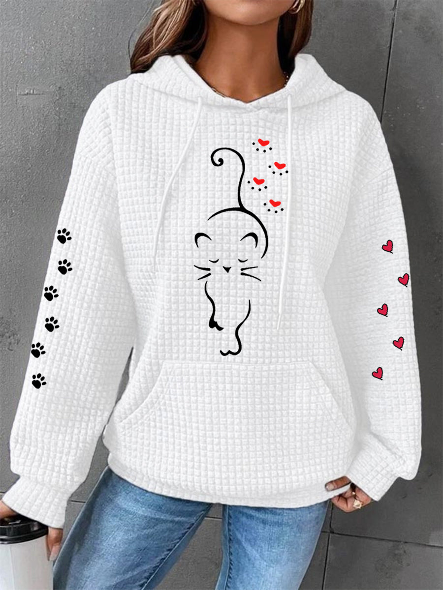 Women's Cute Cat Paw Hearts Print Cat Lovers Casual Waffle Hoodie