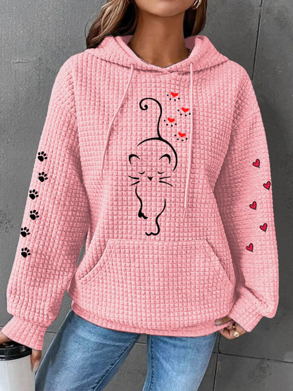 Women's Cute Cat Paw Hearts Print Cat Lovers Casual Waffle Hoodie