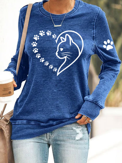 Women's Cute Cat Paws Heart Print Cat Lovers Casual Sweatshirt