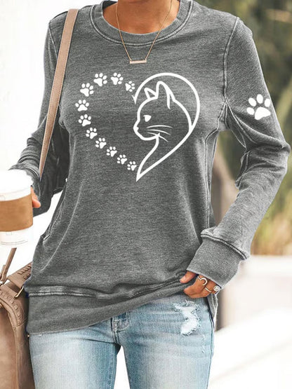 Women's Cute Cat Paws Heart Print Cat Lovers Casual Sweatshirt