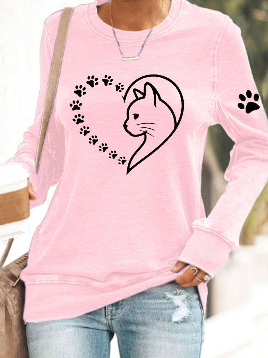 Women's Cute Cat Paws Heart Print Cat Lovers Casual Sweatshirt