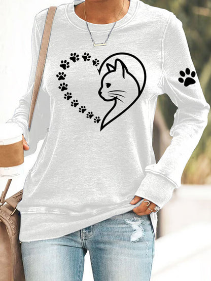 Women's Cute Cat Paws Heart Print Cat Lovers Casual Sweatshirt