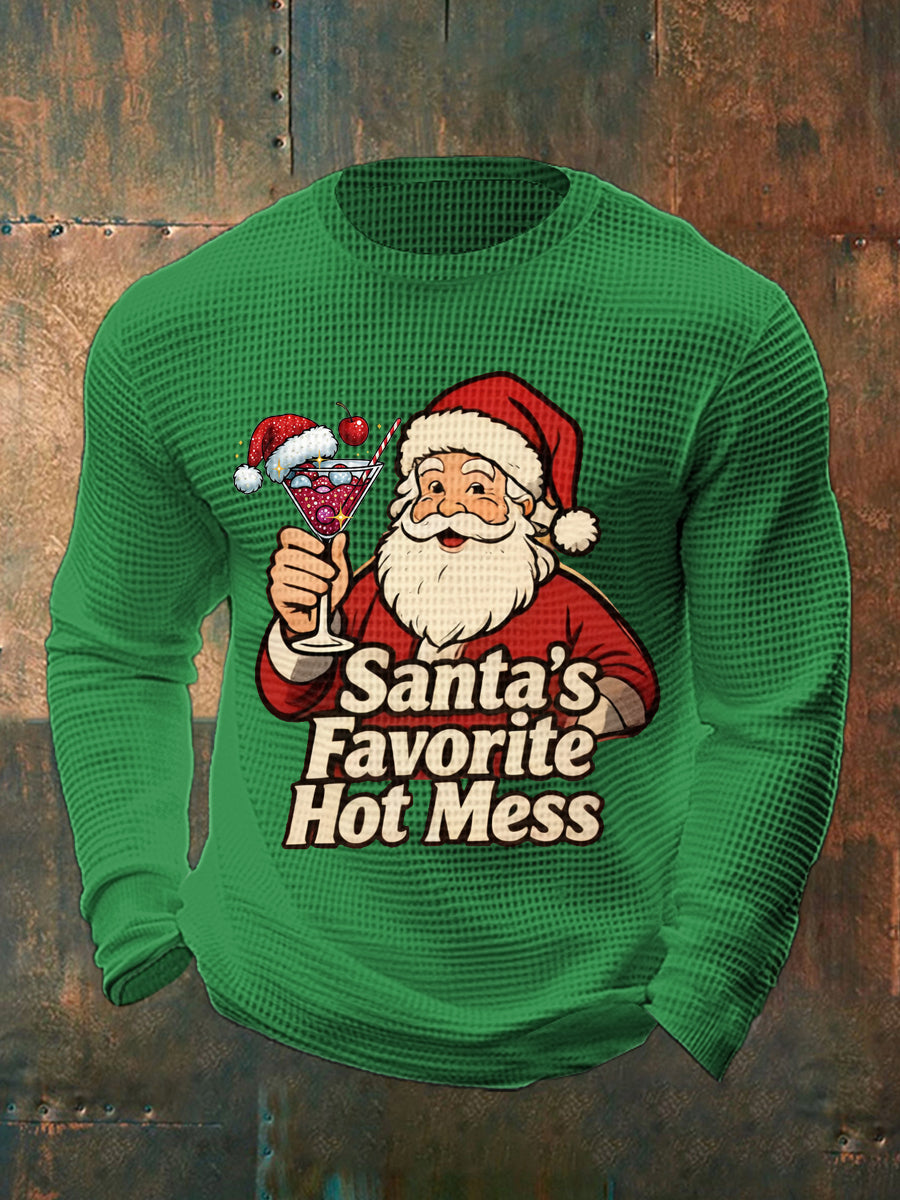 Men's Funny Christmas Santa's Favorite Hot Mess Casual Waffle Long Sleeve Top