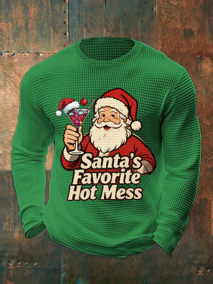Men's Funny Christmas Santa's Favorite Hot Mess Casual Waffle Long Sleeve Top