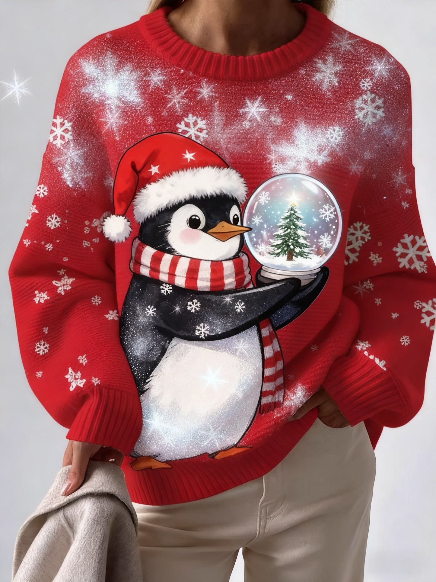 Retro Christmas Penguin Printed Crew-Neck Retro Fashion Loose Long Sleeved Knitwear