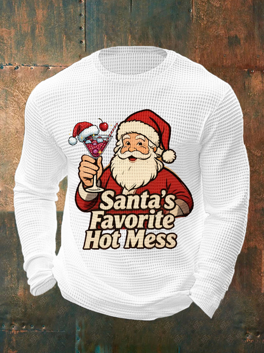 Men's Funny Christmas Santa's Favorite Hot Mess Casual Waffle Long Sleeve Top