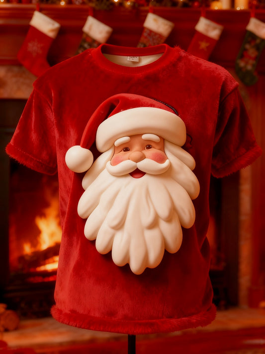 Vintage Christmas Santa Claus Print Plush Short-Sleeved T-Shirt