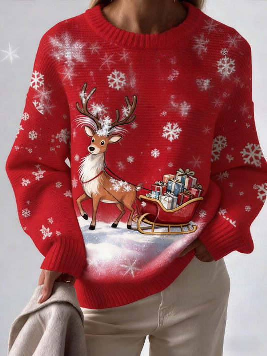 Vintage Christmas Reindeer Gifts Printed Crew-Neck Retro Fashion Loose Long Sleeved Knitwear