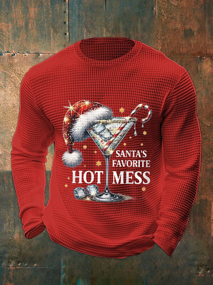 Men's Funny Christmas Santa's Favorite Hot Mess Casual Waffle Long Sleeve Top