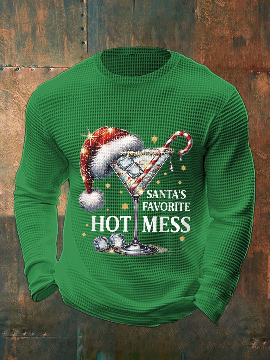 Men's Funny Christmas Santa's Favorite Hot Mess Casual Waffle Long Sleeve Top