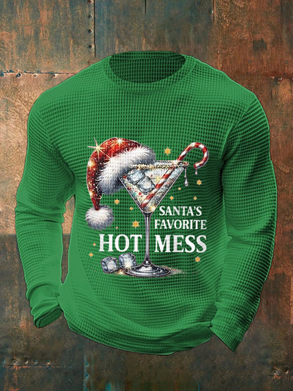 Men's Funny Christmas Santa's Favorite Hot Mess Casual Waffle Long Sleeve Top