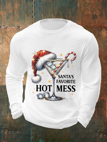 Men's Funny Christmas Santa's Favorite Hot Mess Casual Waffle Long Sleeve Top