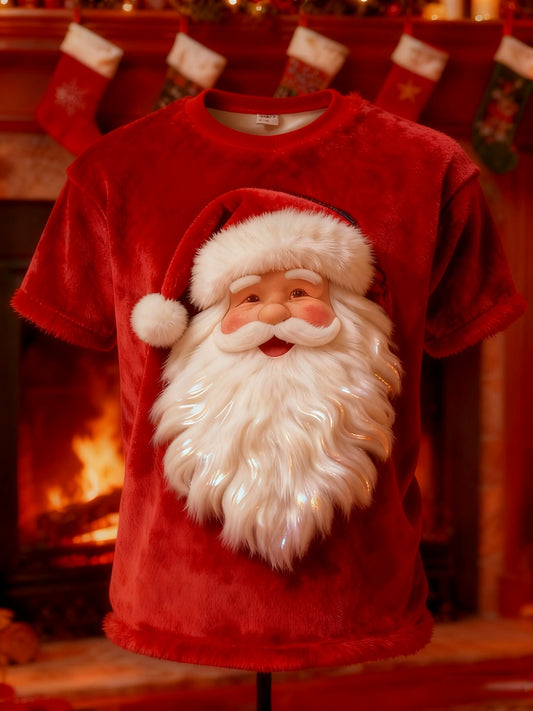Vintage Christmas Santa Claus Print Plush Short-Sleeved T-Shirt