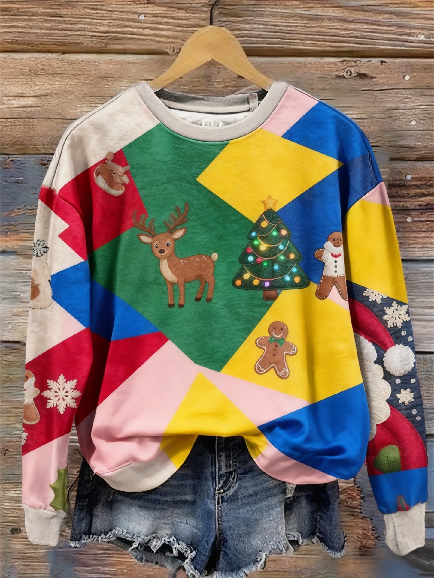 Retro Christmas Colourful Patchwork Printed Crew-Neck Retro Fashion Loose Long Sleeved Sweatshirt